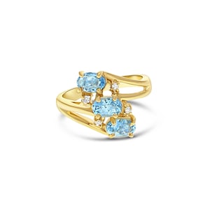 Oval Blue Topaz Diamond Ring | 14k Yellow Gold | Gift for Her | Triple Stone Ring | Cocktail Ring | Gemstone Ring | December Birthstone Ring