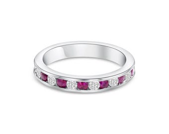 Alianza de boda con diamante y rubí de un quilate / Oro blanco de 14k / Regalo para ella / Joyería / Anillo de diamantes / Anillo de rubí / Alianza de oro