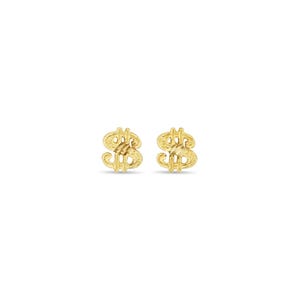 Aretes de oro con signo de dólar y cortes de diamantes / Oro amarillo de 14 k / Aretes pequeños / Aretes para cartílago / Temática de dinero / Regalo de Navidad
