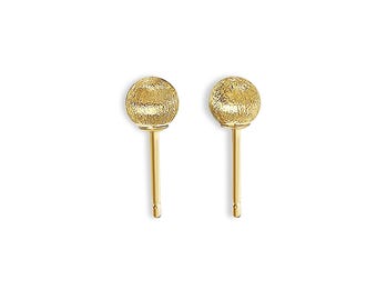 May include: A pair of gold-colored stud earrings. Each earring features a textured, spherical design atop a slender post. The earrings are presented against a plain white background, highlighting their simple elegance.