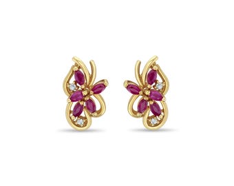 Marquise Ruby Cluster Earrings With Diamond Accent | 14k Yellow Gold | Christmas Gift | Wedding Jewelry | Holiday Gift | Gift for Her