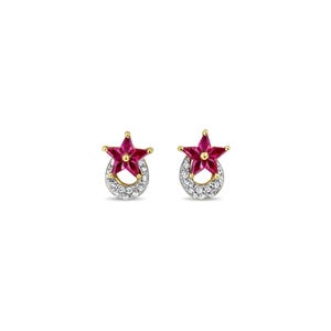 Briolette Ruby Star Shaped & Diamond Pave Crescent Studs 1.04cttw  |14k Yellow Gold | Celestial Earrings | Statement Earrings | Gift for Her