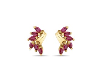 Ruby Marquise Cluster Earrings | 14k Yellow Gold | Christmas Gift | Everyday Studs | Holiday Gift | Unique Earrings