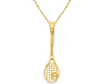 Tennis Racket with Diamond Cut Tennis Ball Pendant | 14k Yellow Gold | Gift for Her | Christmas Gift | Charm Bracelet | Athlete Jewelry