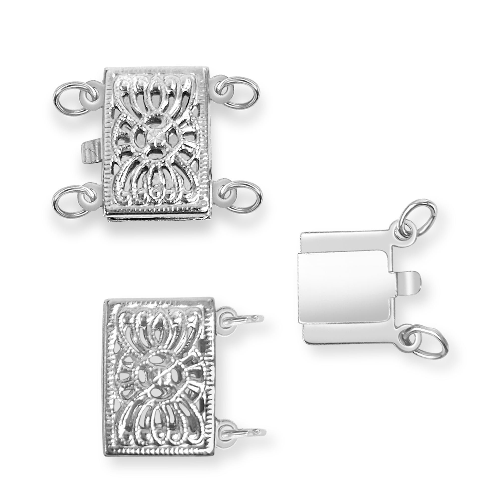 Square Double Strand Necklace Filigree Pearl Clasp | 14k White