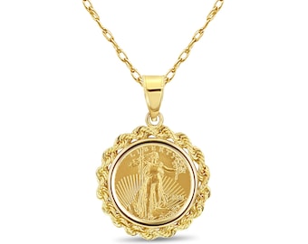 May include: A gold necklace featuring a round pendant with a detailed design. The pendant is encircled by a twisted rope-like border. The chain and pendant are a bright, shiny gold color. The pendant has an image of a woman holding a branch.