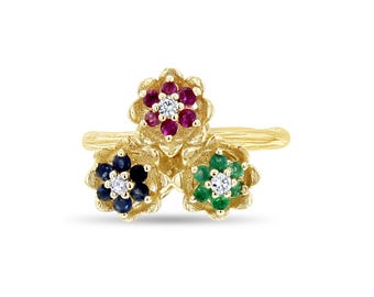 Sapphire, Emerald, Ruby 80s Tulip Flower Ring/ 14k Yellow Gold / Gift For Her / Statement Ring / Vintage Rings / Multi-stone Rings