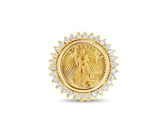 May include: A gold coin ring with a diamond halo. The coin features the image of Lady Liberty.