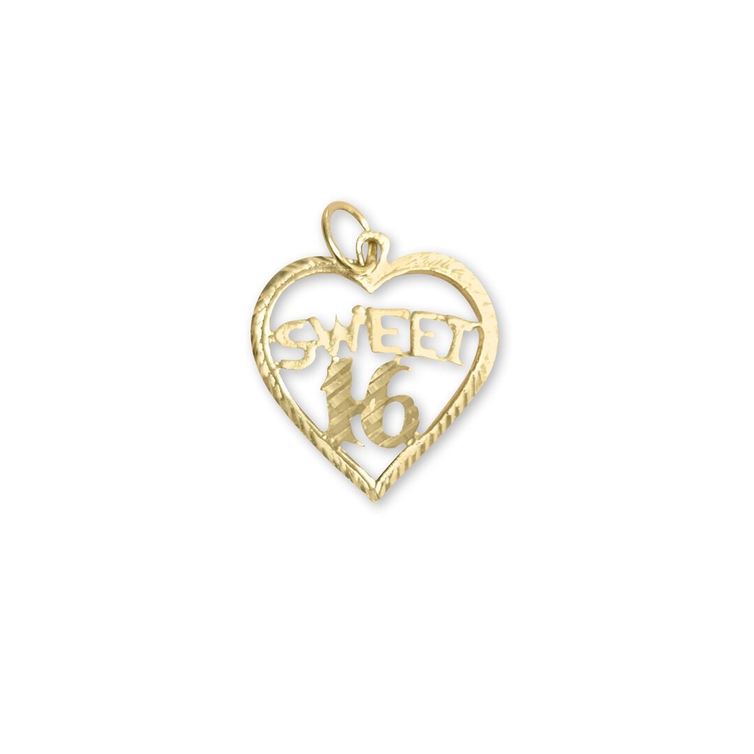 14K Gold Sweet 16 Heart Charm - 16mm Diamond-Cut Birthday Jewelry