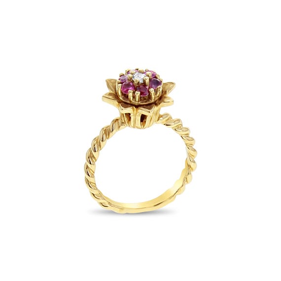 Medium Emerald or Ruby Tulip Ring 14k Yellow Gold… - image 7