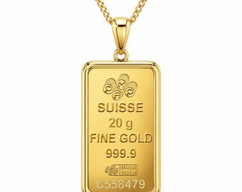 May include: A gold pendant shaped like a rectangular bullion bar suspended from a matching gold chain. The pendant features the embossed text PAMP, SUISSE, 20 g, FINE GOLD, 999.9, ESSAYEUR FONDEUR, and the serial number C558479 on its front surface.
