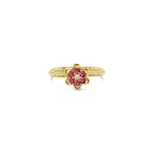 May include: A gold ring with a flower design featuring pink and white gemstones.