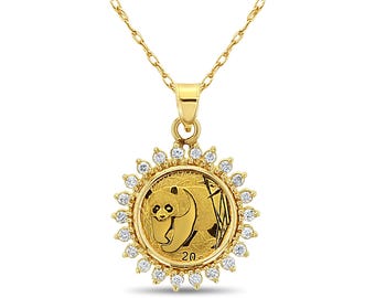 1/20 Unze Panda Münze Diamant Halo Halskette | Geschenkideen | Gold Münze Halsketten | Asiatischer Schmuck | Statement Halsketten | Einzelstück