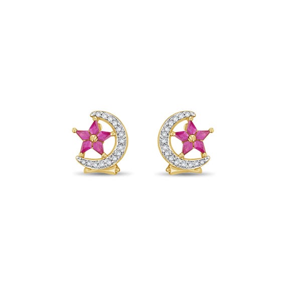 Star & Crescent Moon Ruby Diamond Earrings 1.14ct… - image 1