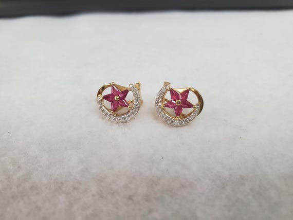 Star & Crescent Moon Ruby Diamond Earrings 1.14ct… - image 4