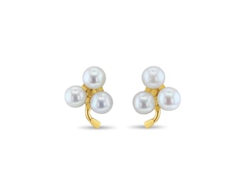 Three Pearl Cluster Studs | 14k Yellow Gold | Pearl Studs | Simple Studs | Classic Gold Earrings | Christmas Gift | Everyday Earrings