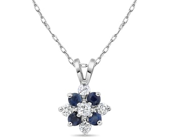 Sapphire Diamond Flower Shaped Necklace | 14k White Gold | Gift for Her | Pendant Necklace | Jewelry Gift | Anniversary Gift