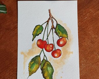 Original Botanical Watercolor Painting, Cherry Fruit Still Life Art, Small Kitchen Wall Decor, 5x7