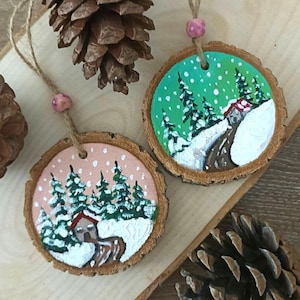 Hand-painted Christmas Ornaments Set of 2 Winter Landscape Oil Painting on Wooden Slice Christmas Tree Decoration Handmade Holiday Gift