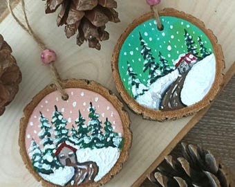 Hand-painted Christmas Ornaments Set of 2 Winter Landscape Oil Painting on Wooden Slice Christmas Tree Decoration Handmade Holiday Gift
