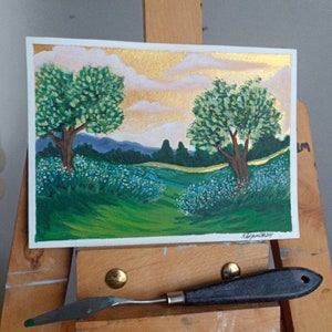 Green Meadow Painting Original Art Small Landscape Painting Spring Wildflowers and Trees Painting Hand Painted Wall Decor Best Gift For Mom