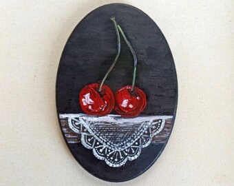 Cerise, peinture à l'huile originale, peinture de cerisier de mauvaise humeur, art mural de cuisine, fruits, nature morte, Style vintage minimaliste, oeuvre d'art ovale, cadeau de cuisine