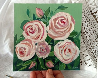 Floral Painting Roses Original Oil Art, Small Flowers Painting, Vintage Style Wall Art, Housewarming, Birthday Gift, Kitchen Decor
