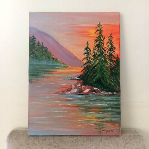 Sunset İn Forest Landscape Oil Painting on Canvas, Pine Trees And Lake View  Painting, Wall Art For Living Room, Birthday Gift For Mother