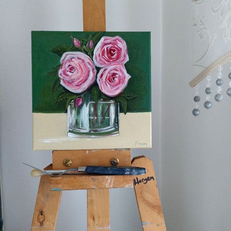 Pink Roses Painting Original Oil on Canvas Painting, Valentines Day