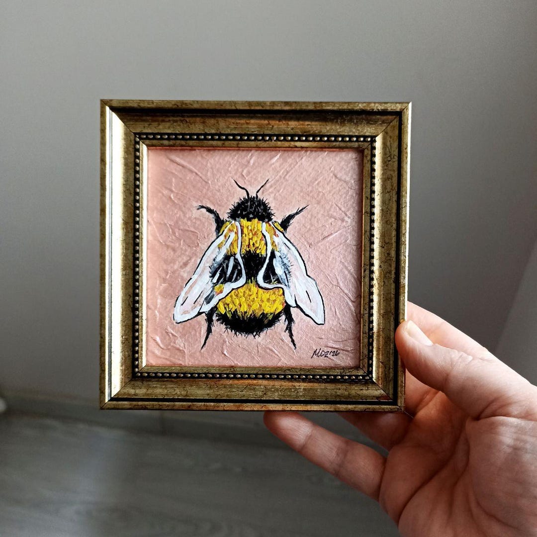Framed Bee Painting Original Art Mini Bumblebee Artwork Handmade Home ...