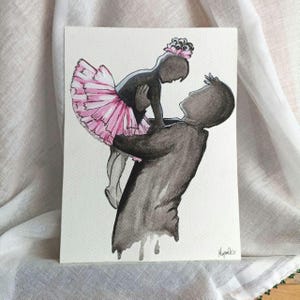 Father and Daughter Painting Original Art Fatherhood Illustration Unique Gift For Dad Ballerina Girl Painting Family Portrait Kids Room Art