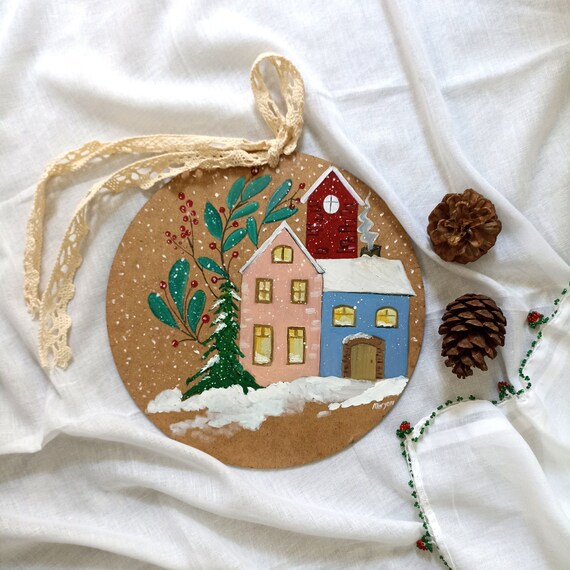 Snowy Houses Original Oil Painting, Round Winter Art, Hand Painted Door Hanging