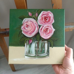 Pink Roses Painting Original Art Flowers in Vase Painting  Oil on Canvas Painting, Mother&#39;s Day Gift Floral Wall Art, Flowers Still Life