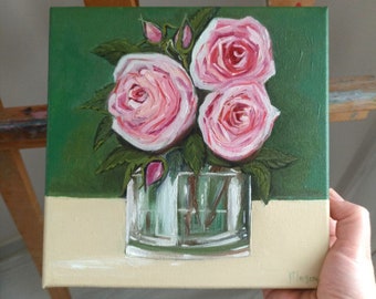 Peinture à l'huile originale de roses roses, art floral de nature morte