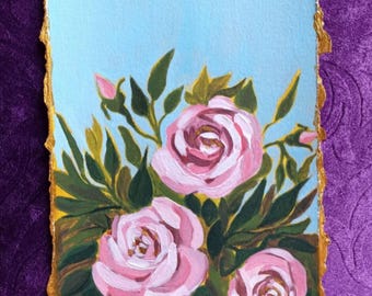 Garden Roses Original Acrylic Painting on Paper Valentines Day Decor Wall Art For Valentines Romantic Handmade Card Gift Hand Painted Rose
