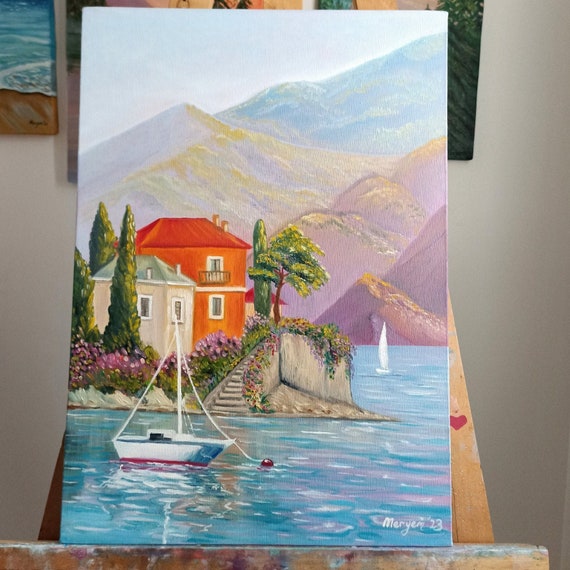 Italy Painting Original Artwork, Lake Como Landscape Oil Painting, Large Canvas Italian Wall Art
