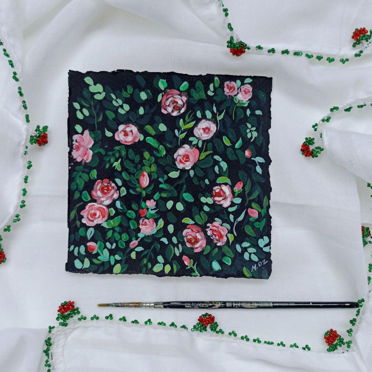 Mini Floral Painting Original Art Rose Garden Painting Dark Cottagecore Art Vintage Gallery Wall Decor Tiny Hand Painted Acrylic Art 5×5inch