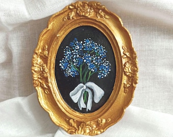 Framed Original Flowers Painting Hand Painted Oval Golden Frame With Mini Blue Bouquet Art Small Floral Art Vintage Style Gallery Wall Decor