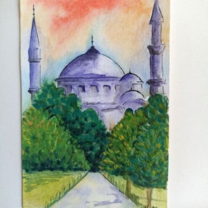 Istanbul Painting Blue Mosque Original Art Turkish Wall Art Turkey Travel Gift Watercolor Illustration Miniature Painting 6×4 inches