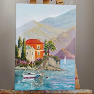 Italy Painting Original Art Italy Lake Como Painting Oil Painting on Large Canvas Italian Landscape Wall Art Home Decor Travel Gift 35×50 cm