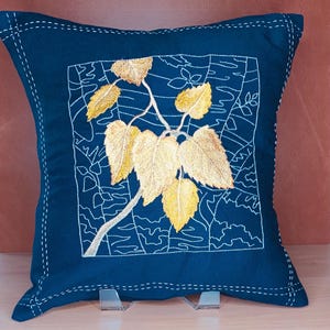 Japanese Sashiko Leaves Birch Embroidered Pillow