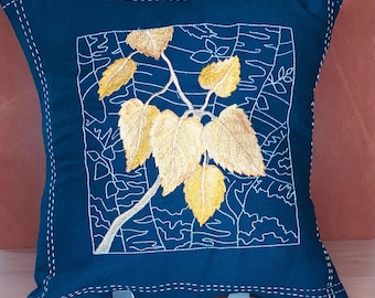 Japanese Sashiko Leaves Birch Embroidered Pillow