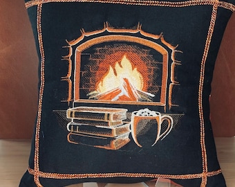 Relaxing Fireplace Embroidered Pillow