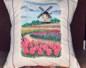 Dutch Tulips Embroidered Pillow
