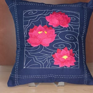 Japanese Sashiko Flowers Lotus Embroidered Pillow