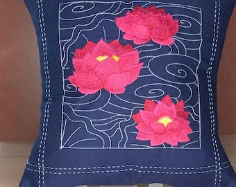 Japanese Sashiko Flowers Lotus Embroidered Pillow
