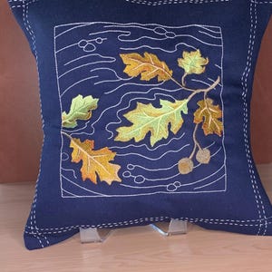 Japanese Sashiko Leaves Oak Embroidered Pillow