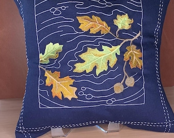 Japanese Sashiko Leaves Oak Embroidered Pillow