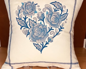 Delft Blue Heart Embroidered Pillow