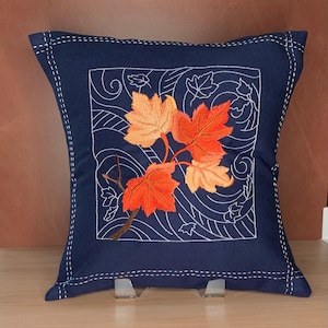 Japanese Sashiko Leaves Maple Embroidered Pillow